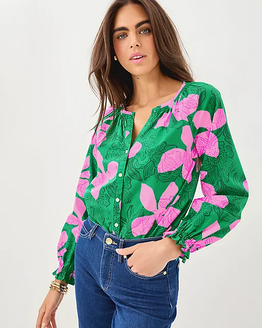 lilly pulitzer Aldina Button Down Top Kitts Green Sunset Shadows