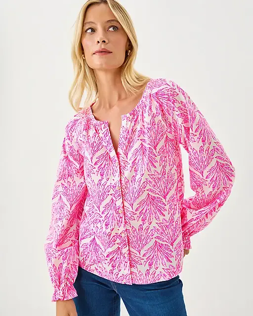 Lilly Pulitzer Aldina Button Down Top Pink Bliss Shady Babe