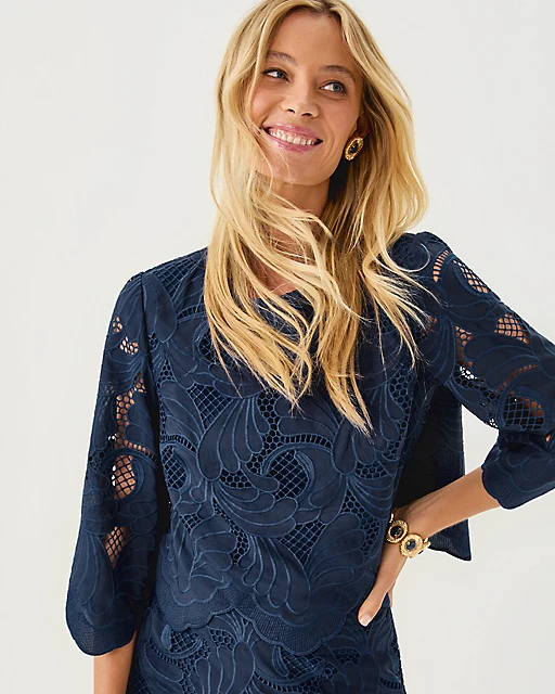 Lilly Pulitzer Amabel 3/4 Sleeve Cropped Top Low Tide Navy Sway With Me Scalloped Lace