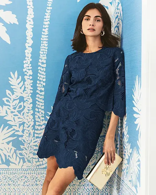 lilly pulitzer Amabel 3/4 Sleeve Cropped Top Low Tide Navy Sway With Me Scalloped Lace