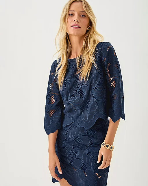 Lilly Pulitzer Anabel Cropped Top & Debra Skirt Lace Set Low Tide Navy Sway With Me Scalloped Lace