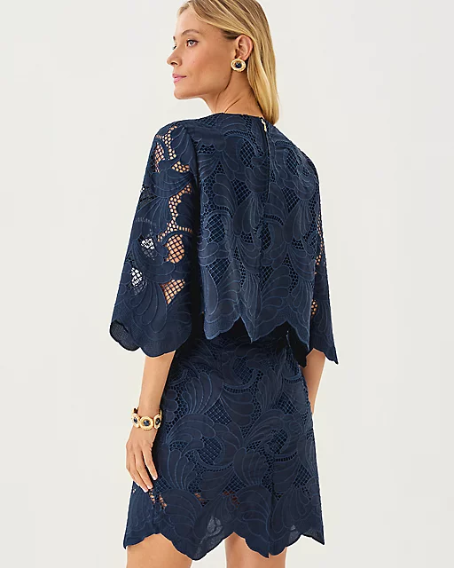 Lilly Pulitzer Anabel Cropped Top & Debra Skirt Lace Set Low Tide Navy Sway With Me Scalloped Lace