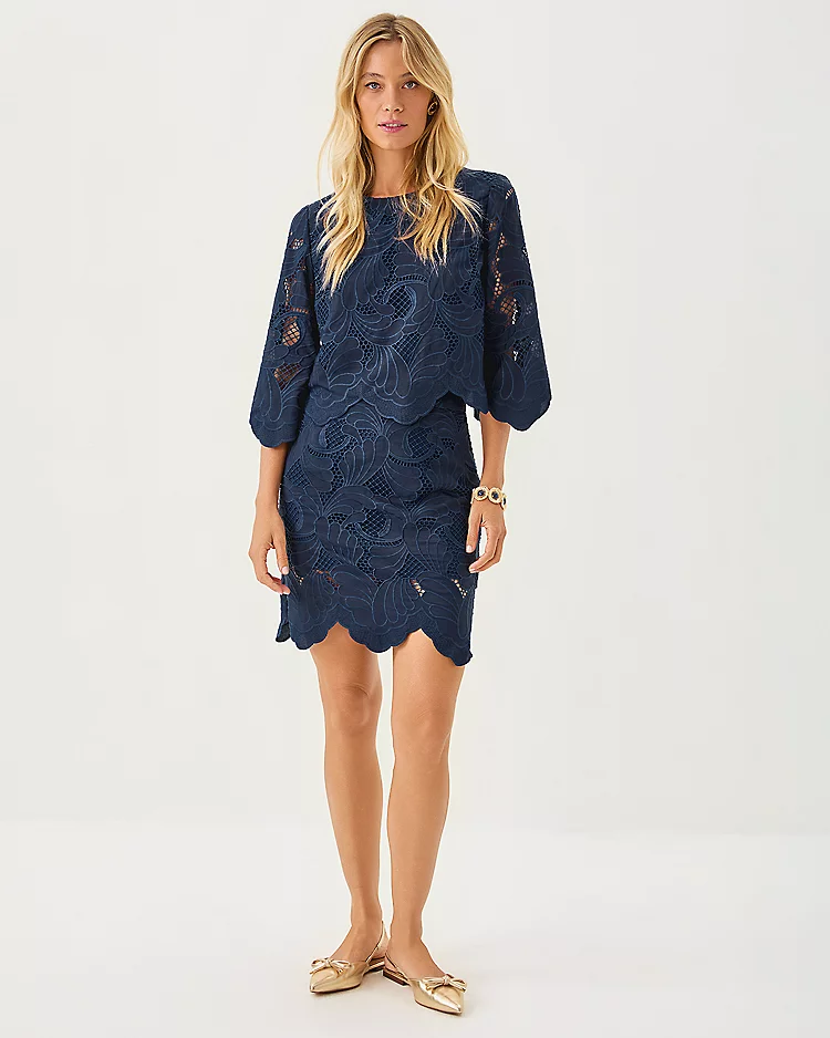 lilly pulitzer Anabel Cropped Top & Debra Skirt Lace Set Low Tide Navy Sway With Me Scalloped Lace
