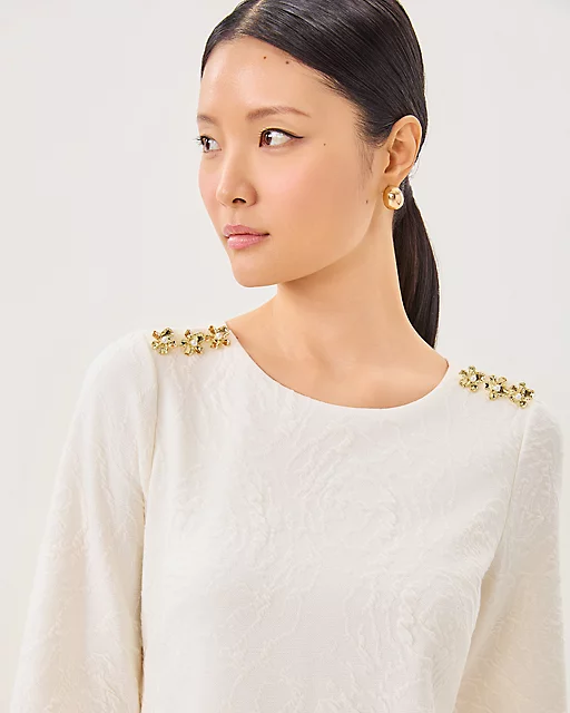 Lilly Pulitzer Annwyn 3/4 Sleeve Shift Dress Coconut Rose Knit Pucker Jacquard