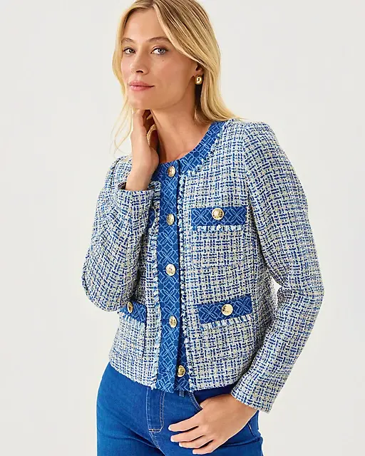 Lilly Pulitzer Ascena Boucle Jacket Tangier Teal Ocean Deep Lurex Boucle