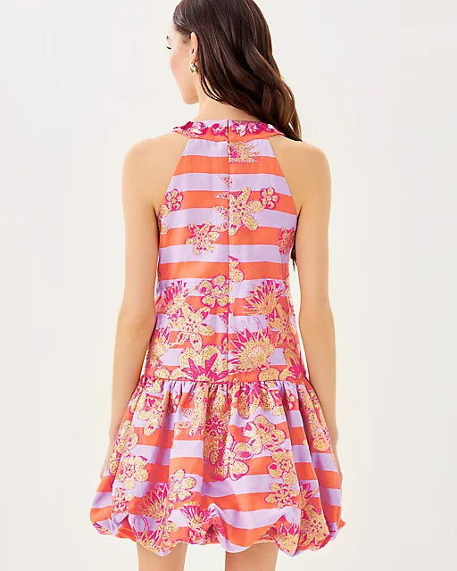 Lilly Pulitzer Ashlynn Dress Papaya Metallic Floral Stripe Jacquard