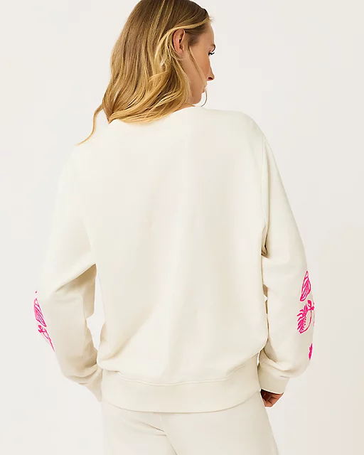 Lilly Pulitzer Ballad Cotton Sweatshirt Coconut Safari Social Embroidered Sweatshirt