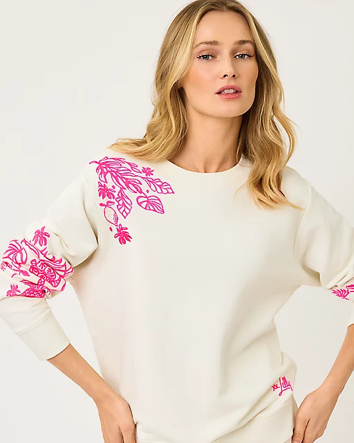 Lilly Pulitzer Ballad Cotton Sweatshirt Coconut Safari Social Embroidered Sweatshirt