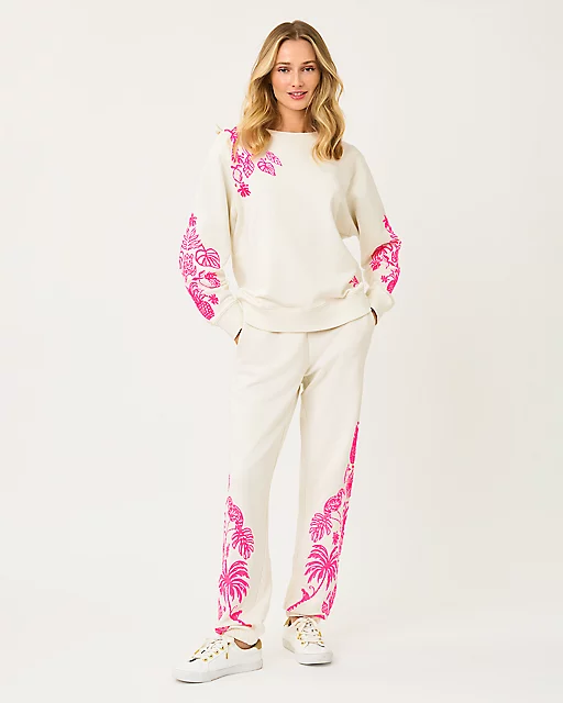 Lilly Pulitzer Ballad Cotton Sweatshirt Coconut Safari Social Embroidered Sweatshirt