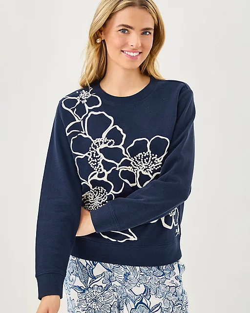 Lilly Pulitzer Ballad Cotton Sweatshirt Low Tide Navy Go Big Embroidery