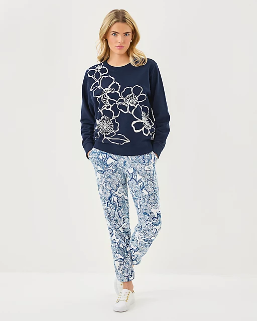 Lilly Pulitzer Ballad Cotton Sweatshirt Low Tide Navy Go Big Embroidery