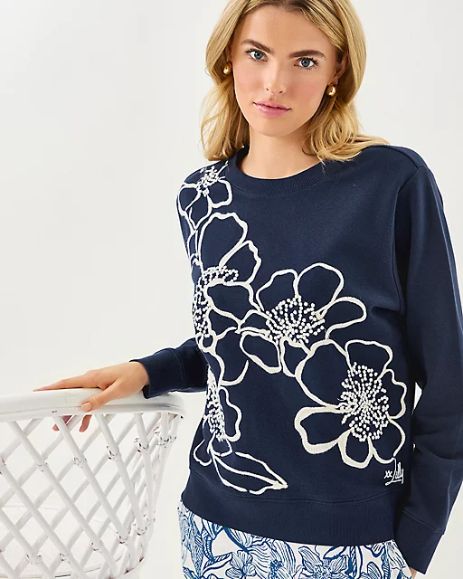lilly pulitzer Ballad Cotton Sweatshirt Low Tide Navy Go Big Embroidery