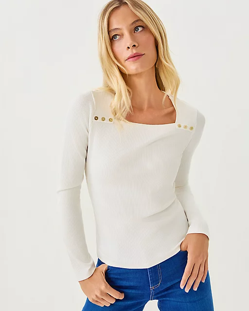 lilly pulitzer Beaty Long Sleeve Square Neck Knit Top Coconut