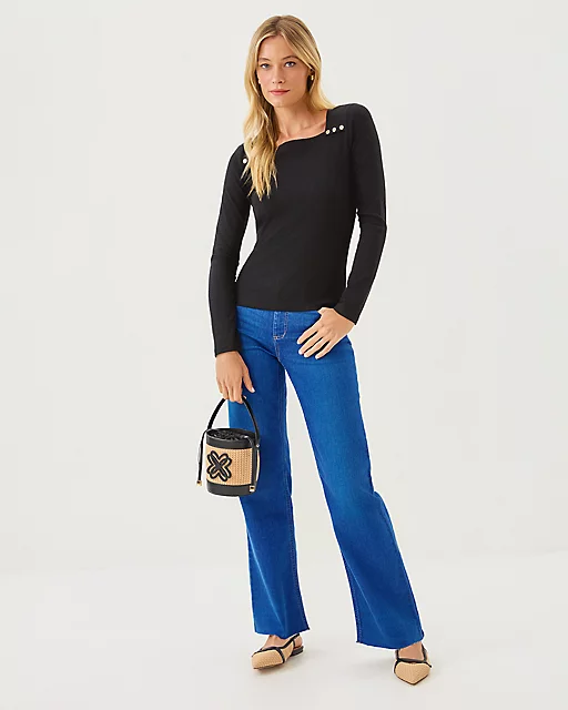 Lilly Pulitzer Beaty Long Sleeve Square Neck Knit Top Noir