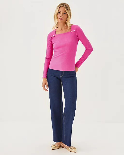 Lilly Pulitzer Beaty Long Sleeve Square Neck Knit Top Parigi Pink