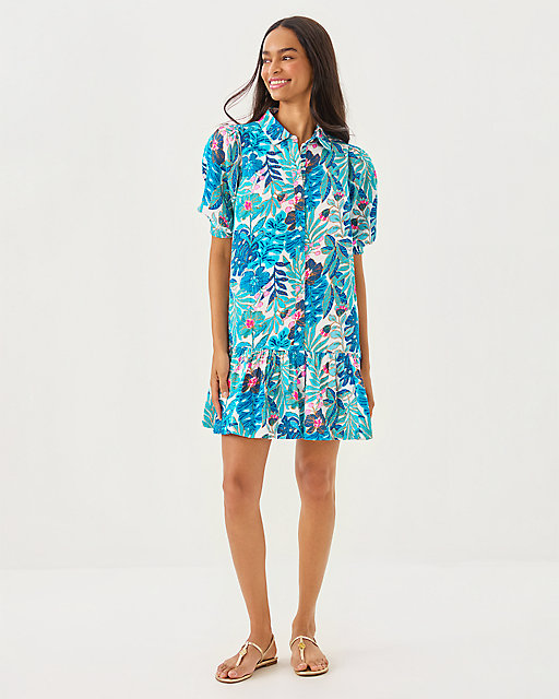 Lilly Pulitzer Brett Popover Shirtdress Breezy Aqua Best Fronds Forever