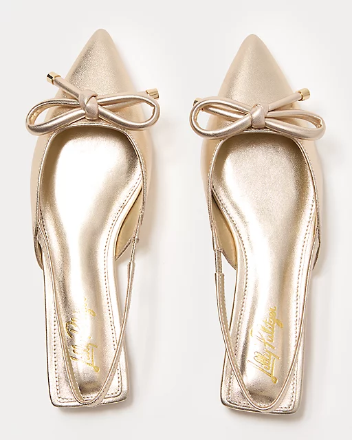 Lilly Pulitzer Brit Leather Bow Slingback Shoe Gold Metallic