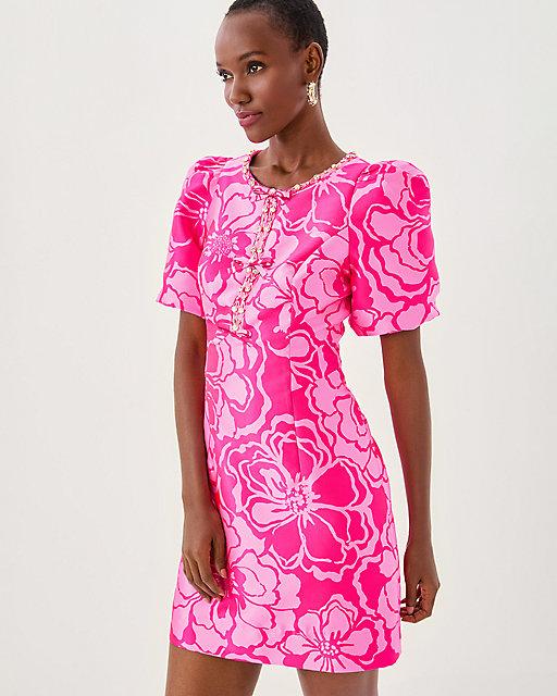 Lilly Pulitzer Britnee Beaded Jacquard Shift Dress Parigi Pink Go Big Satin Jacquard