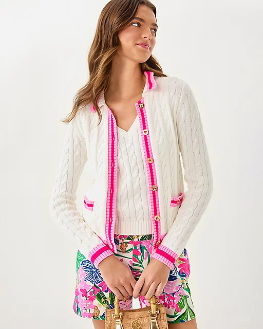 Lilly Pulitzer Brockton Polo Cardigan & Sweater Tank Coconut X Pink Bliss Tipping
