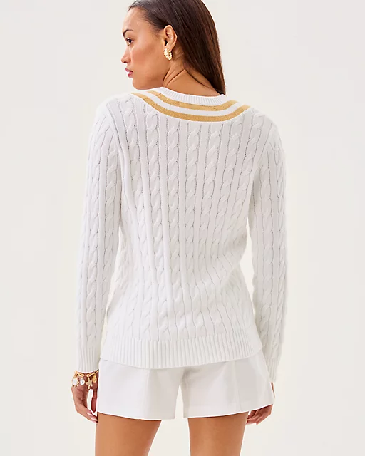 Lilly Pulitzer Brockton Sweater Resort White X Wicker Tan Metallic Tipping