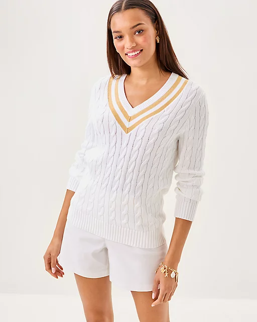 Lilly Pulitzer Brockton Sweater Resort White X Wicker Tan Metallic Tipping
