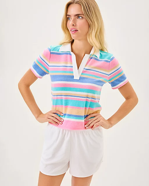 Lilly Pulitzer Brunella Towel Terry Polo Top Fresh Water Blue Al Fresco Stripe