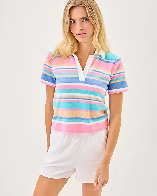 Lilly Pulitzer Brunella Towel Terry Polo Top Fresh Water Blue Al Fresco Stripe