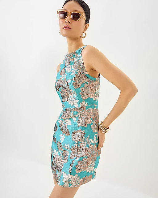 Lilly Pulitzer Caitie Skirted Bottom Romper Tangier Teal Floral Fling Metallic Jacquard