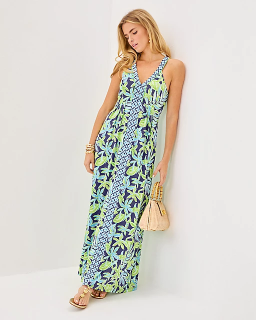 Lilly Pulitzer Carmilla Maxi Dress Sapphire Pool Tropical Tango Engineered Knit Maxi