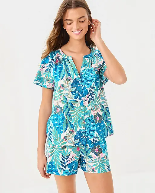 Lilly Pulitzer Darcey Woven Pajama Top Breezy Aqua Best Fronds Forever