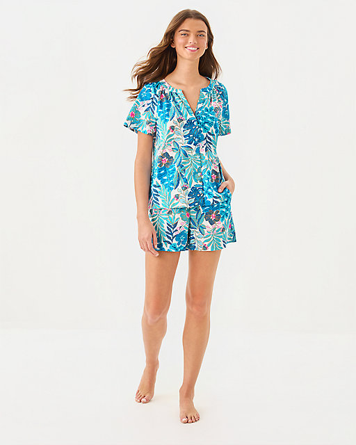 Lilly Pulitzer Darcey Woven Pajama Top Breezy Aqua Best Fronds Forever