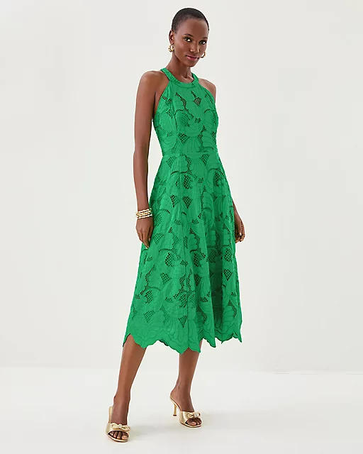 Lilly Pulitzer Denise Lace Halter Midi Dress Kitts Green Sway With Me Scalloped Lace