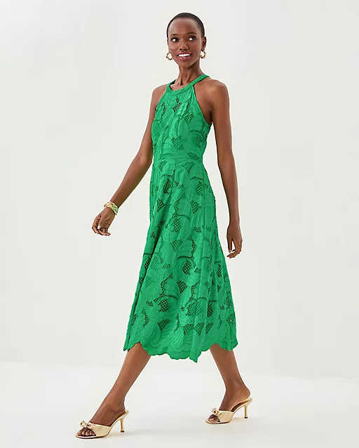 Lilly Pulitzer Denise Lace Halter Midi Dress Kitts Green Sway With Me Scalloped Lace