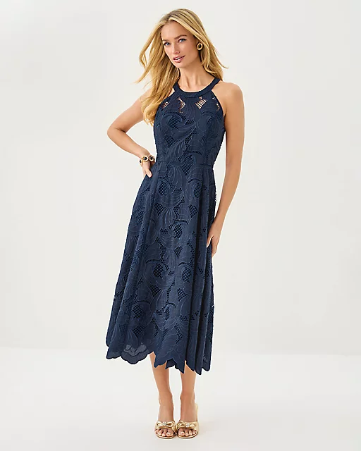 Lilly Pulitzer Denise Lace Halter Midi Dress Low Tide Navy Sway With Me Scalloped Lace