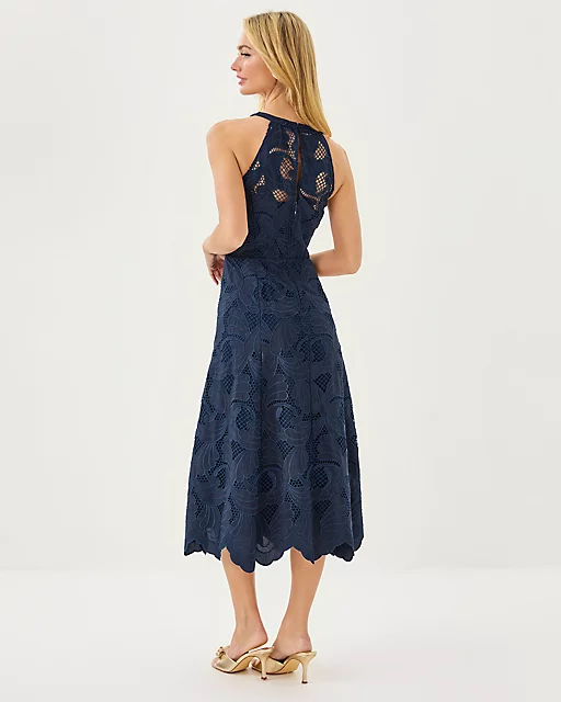 Lilly Pulitzer Denise Lace Halter Midi Dress Low Tide Navy Sway With Me Scalloped Lace