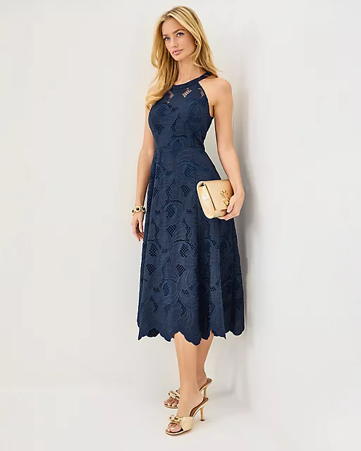 Lilly Pulitzer Denise Lace Halter Midi Dress Low Tide Navy Sway With Me Scalloped Lace