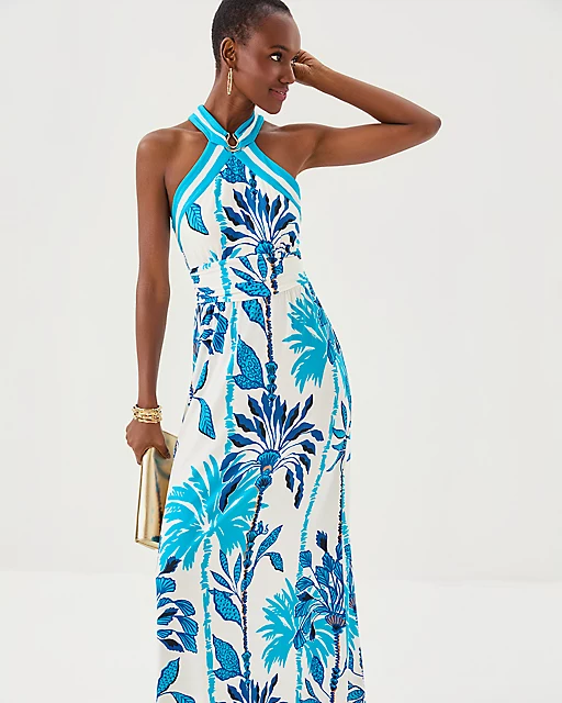 Lilly Pulitzer Devena Halter Maxi Dress Coconut Oversized Swayin In The Breeze Engineere