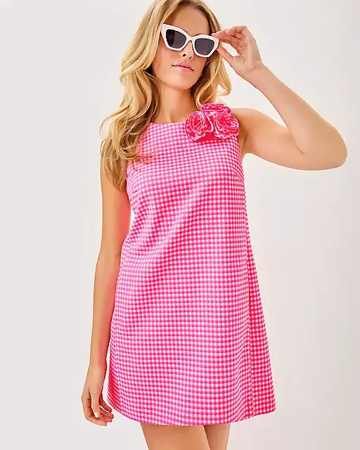 lilly pulitzer Edita Stretch Shift Dress Sunkissed Pink Gingham Stretch Jacquard