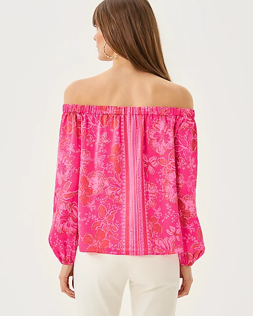 Lilly Pulitzer Elizabethany Off-the-Shoulder Top Sun Shell Pink Big Party Engineered Woven Top