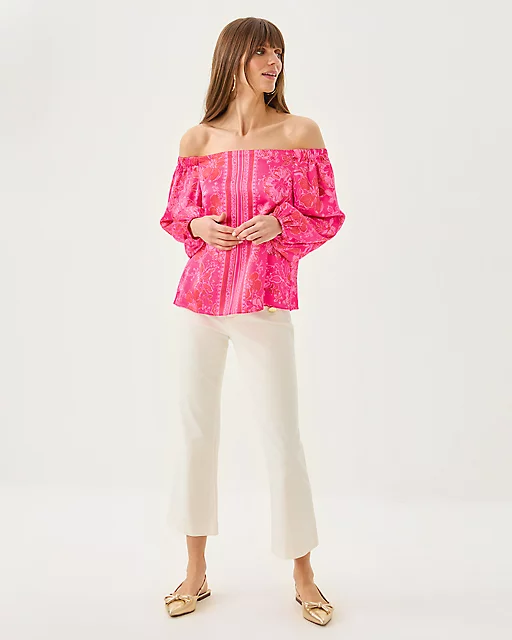 Lilly Pulitzer Elizabethany Off-the-Shoulder Top Sun Shell Pink Big Party Engineered Woven Top