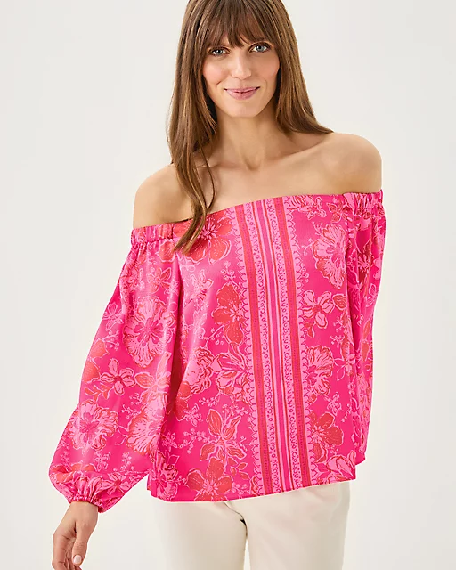 lilly pulitzer Elizabethany Off-the-Shoulder Top Sun Shell Pink Big Party Engineered Woven Top