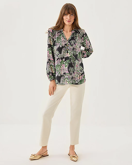 Lilly Pulitzer Elsa Silk Top Onyx Pb Anniversary Toile