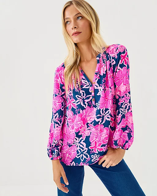 lilly pulitzer Elsa Silk Top Starlight Navy Once And Floral