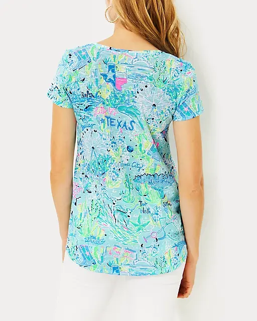 Lilly Pulitzer Etta V-Neck Cotton Top Bayside Blue Lilly Loves Texas