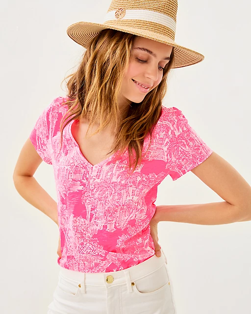 Lilly Pulitzer Etta V-Neck Top Roxie Pink Pb Anniversary Toile