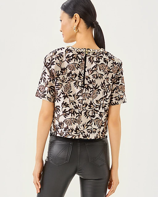 Lilly Pulitzer Folie Beaded Tweed Cropped Top Noir Pineapple Puff Metallic Jacquard