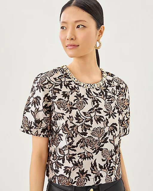 Lilly Pulitzer Folie Beaded Tweed Cropped Top Noir Pineapple Puff Metallic Jacquard