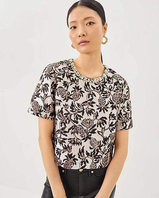 Lilly Pulitzer Folie Beaded Tweed Cropped Top & Valora Midi Skirt Noir Pineapple Puff Metallic Jacquard