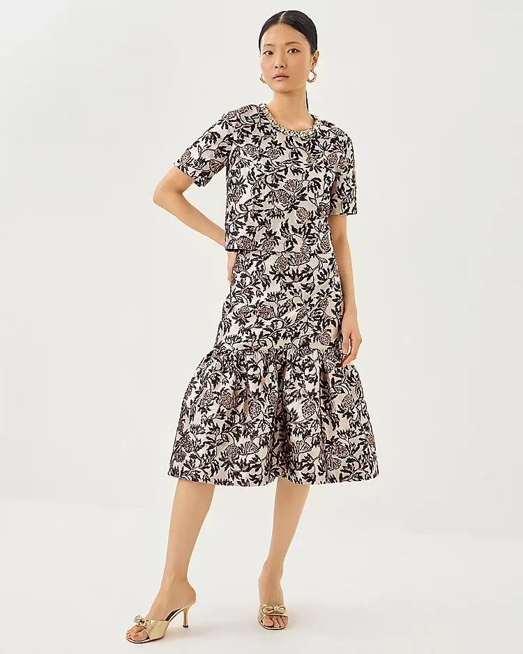 lilly pulitzer Folie Beaded Tweed Cropped Top & Valora Midi Skirt Noir Pineapple Puff Metallic Jacquard