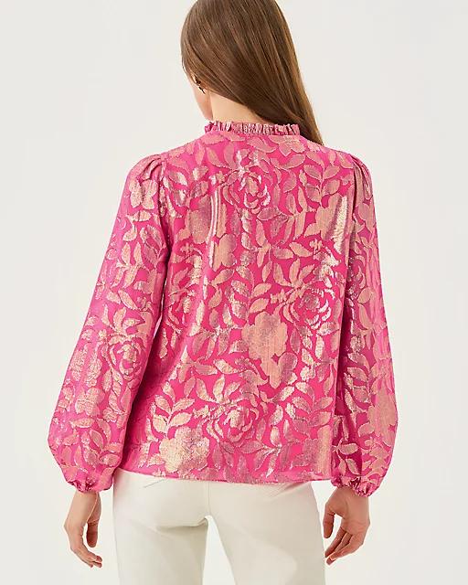Lilly Pulitzer Giana Long Sleeve Silk Top Sun Shell Pink Floral Bloom Silk Clip